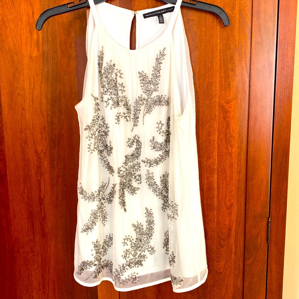 White House, Black market, cream, gauze blouse metallic appliqués sleeveless